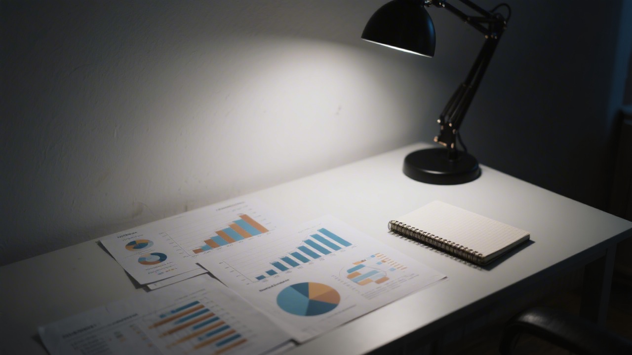 Desk with printed analytics charts, a notebook, and a dim desk lamp casting dramatic shadows, suggesting investigative analysis of marketing performance data.