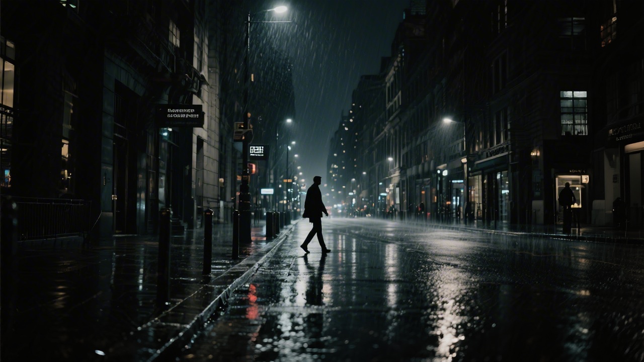 Moody night city street with cinematic lighting, rain reflections and a lone figure walking, evoking film noir ambiance suitable for a modern digital academy brand story.