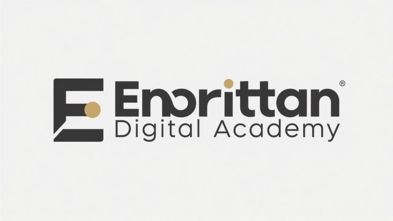 Simple monochrome wordmark logo reading Enoirittan Digital Academy in clean geometric lettering with a small gold dot, designed for easy recognition.