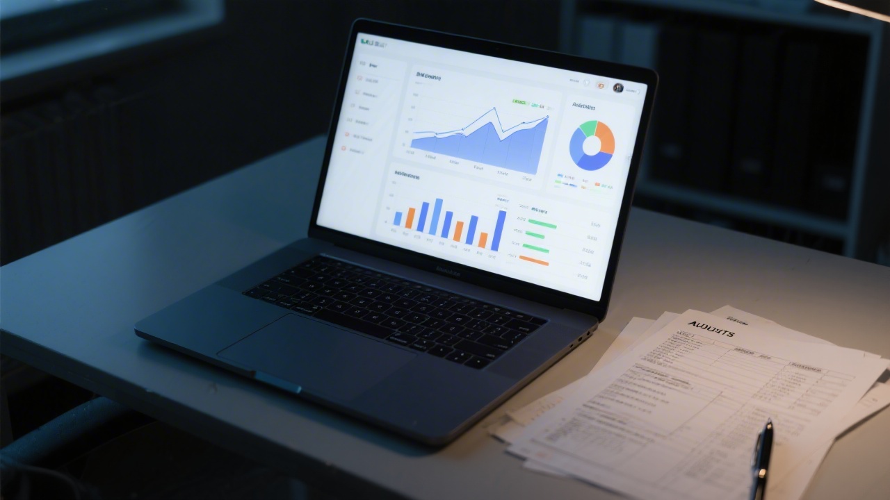 Close-up of a laptop showing analytics dashboards beside printed audit sheets and a pen, in a dark office with focused cinematic lighting.